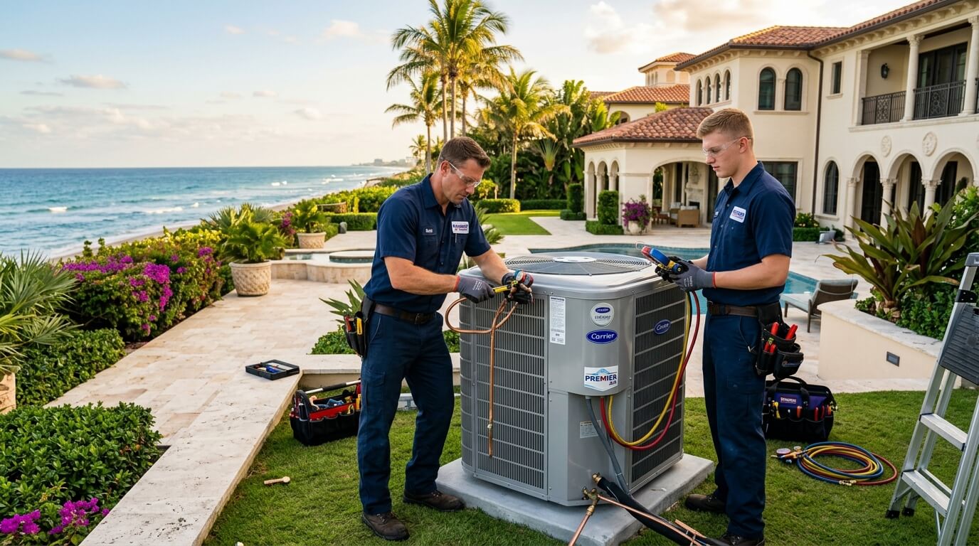 HVAC technicians installing AC unit