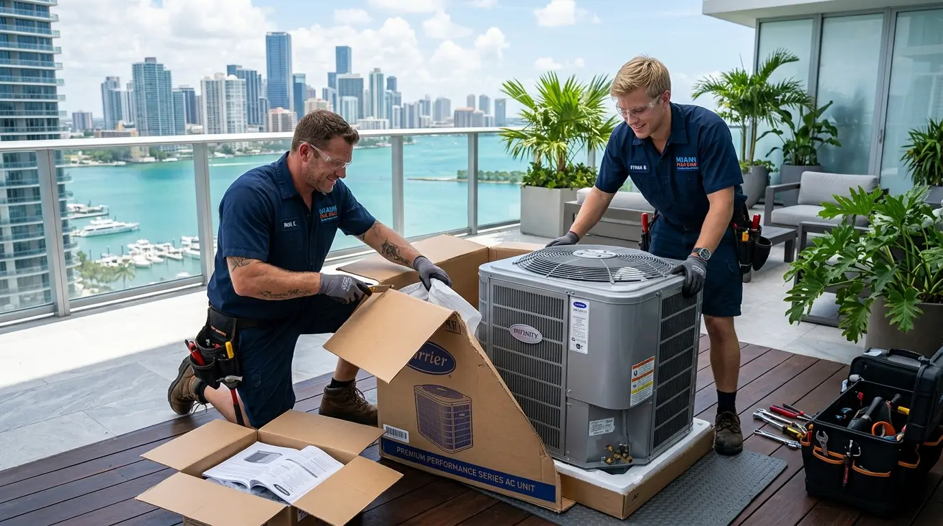 HVAC technicians unboxing AC unit Residential HVAC technicians unboxing AC unit